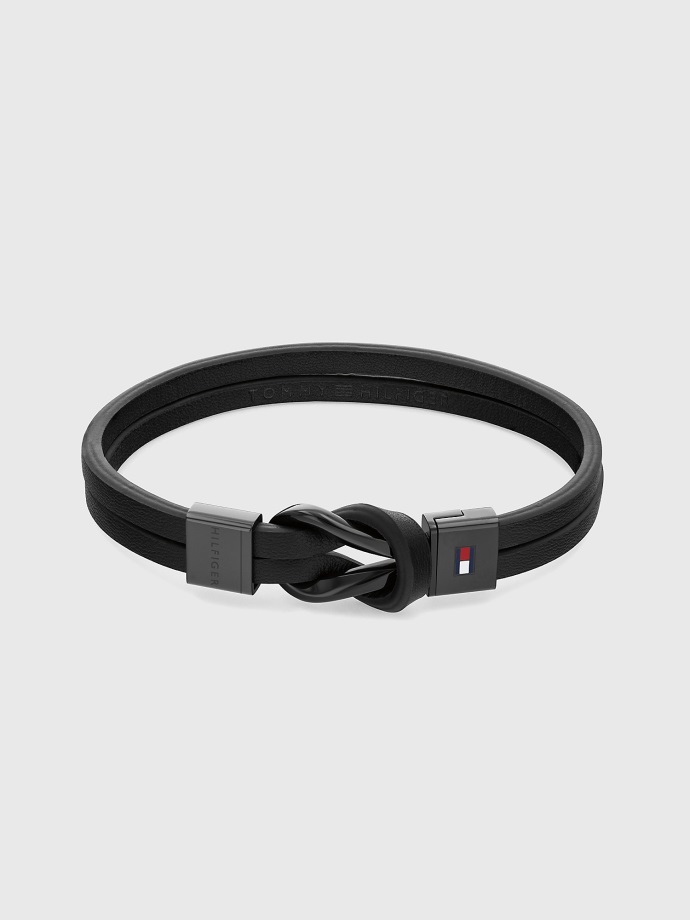 černý Tommy Hilfiger černý Kožený Náramek S Pleteným Uzlem