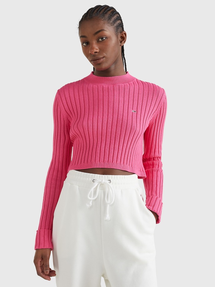 Boxy Zkrácený žebrovaný Svetr Růžový Tommy Hilfiger