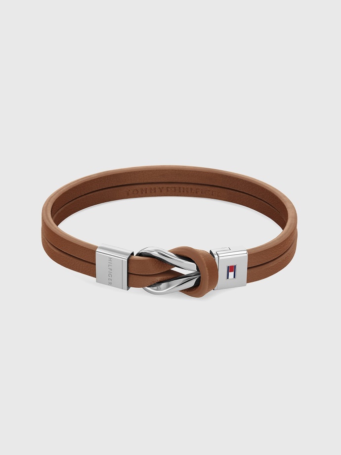 Hnědý Tommy Hilfiger Hnědý Kožený Náramek S Pleteným Uzlem