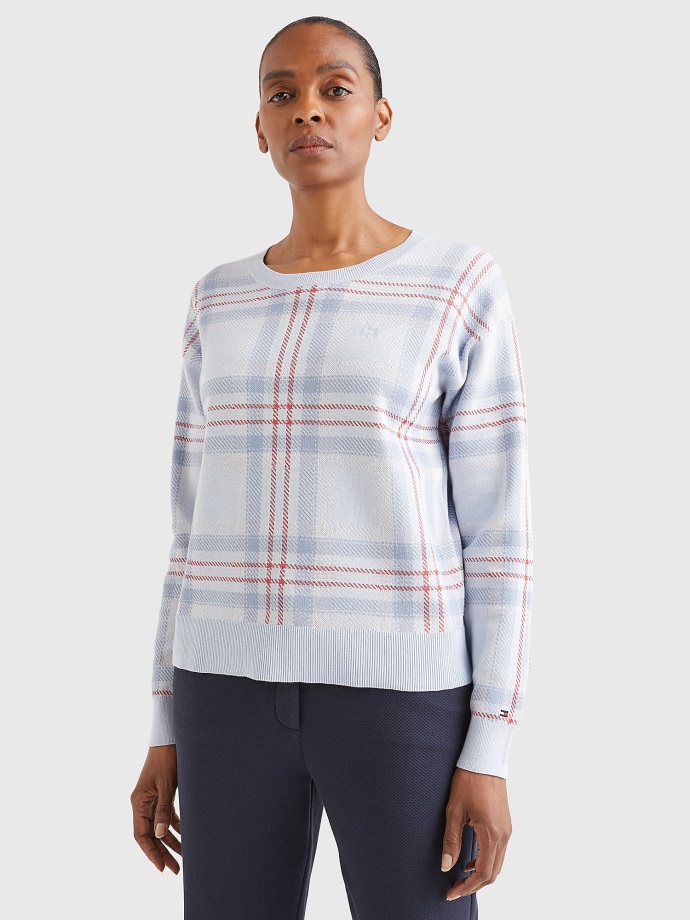 Check Crewneck Svetr Tommy Hilfiger Velký Kostkovaný Modrý