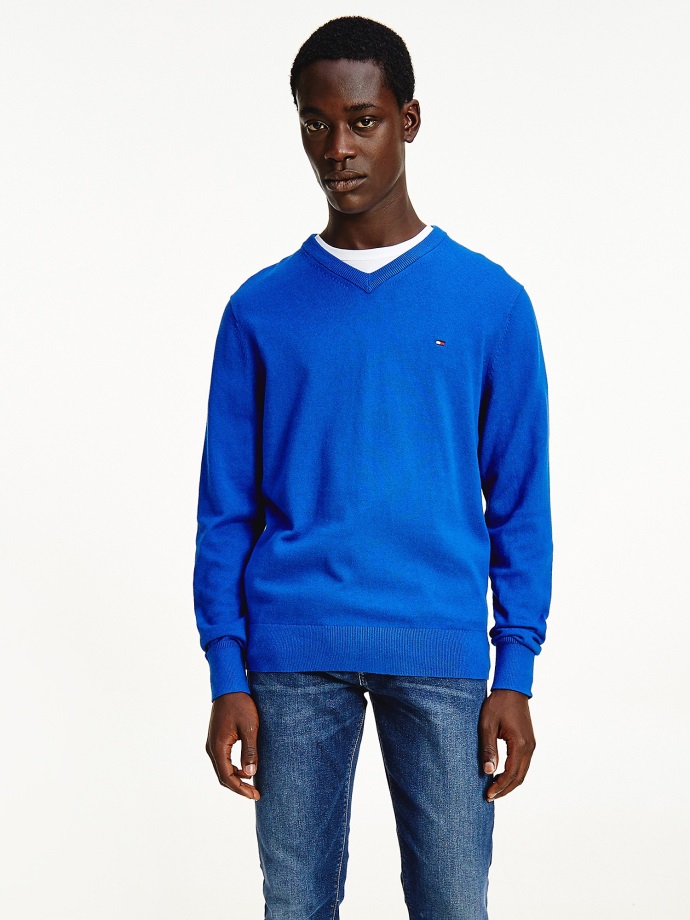 Bavlněný Kašmírový Svetr S Výstřihem Do V Greek Isle Blue Tommy Hilfiger