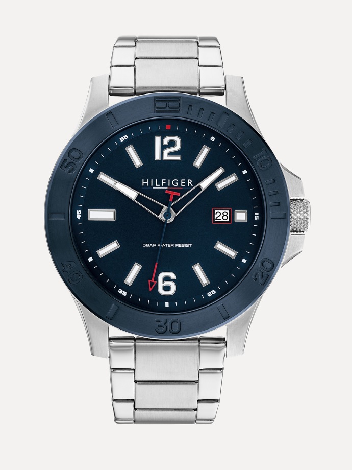 Stříbrné/námořnické Hodinky Tommy Hilfiger Explorer S Náramkem Z Nerezové Oceli
