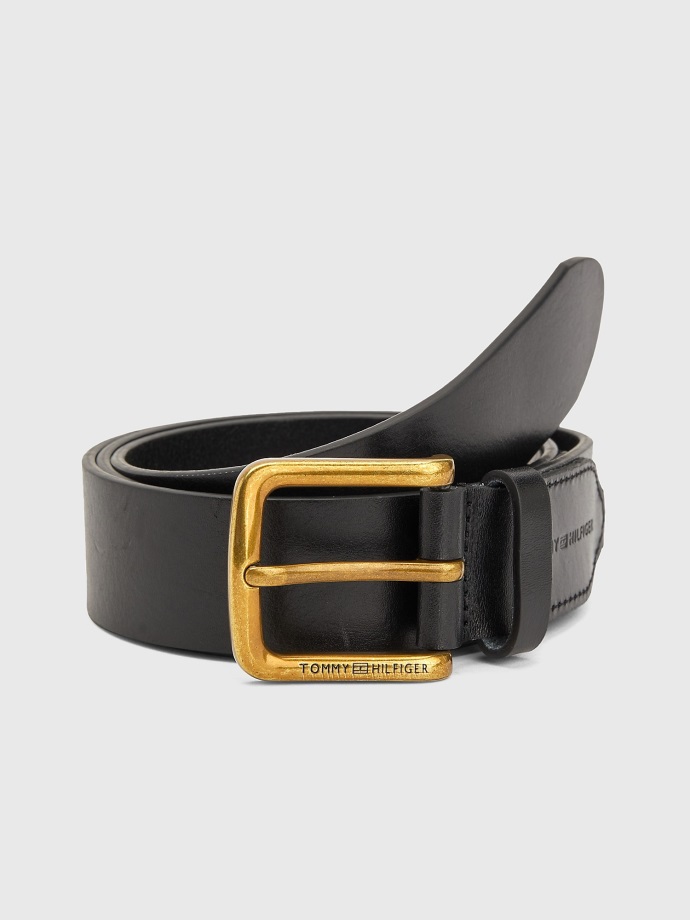černá Zlatá Přezka Kožený Opasek Tommy Hilfiger