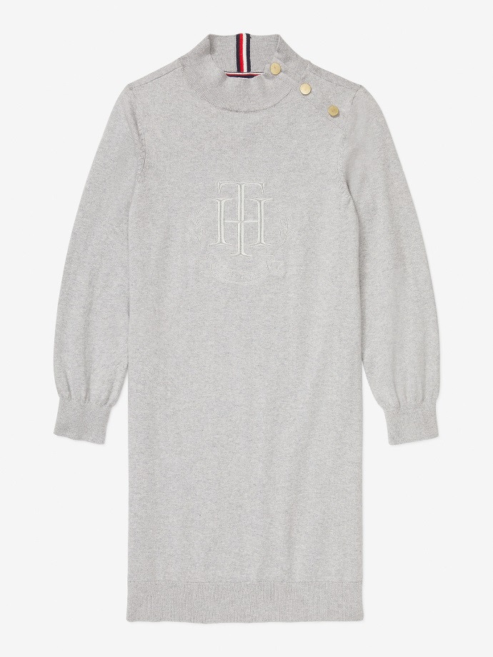 Měkké šedé Vřesové šaty S Logem Tommy Hilfiger Se Zlatými Knoflíky Na Ramenou