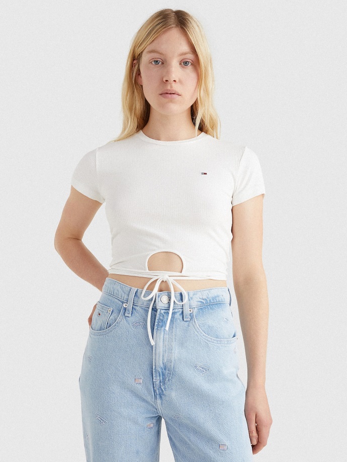 Ecru žebrovaný Crop Top Tommy Hilfiger