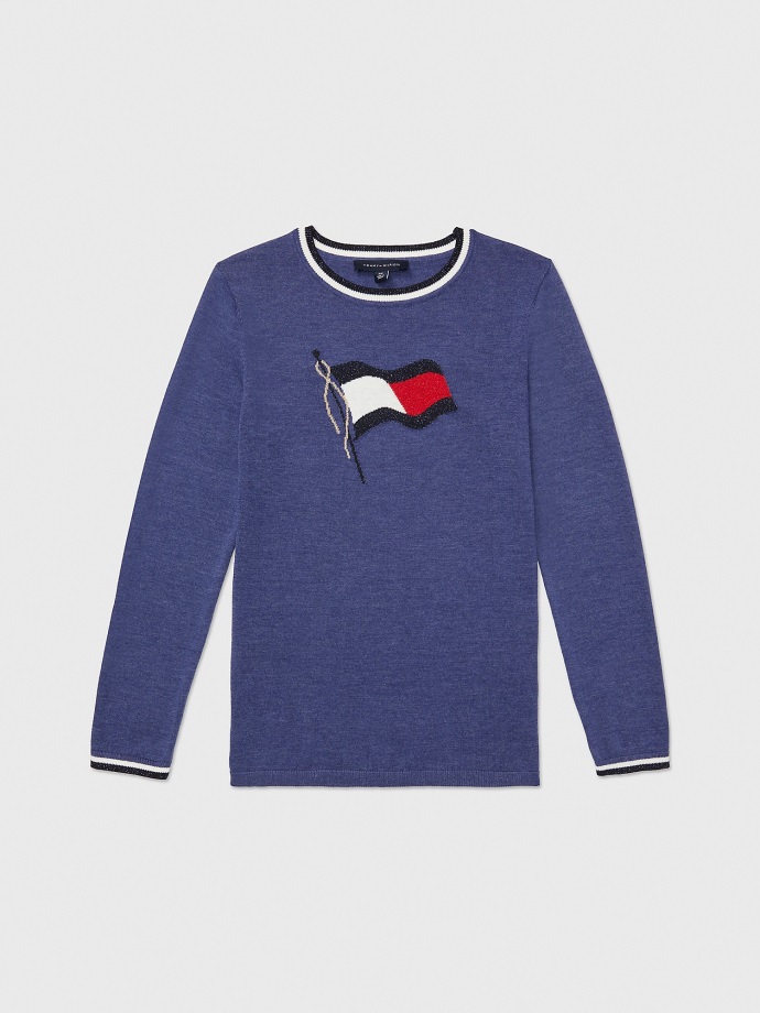 Tommy Hilfiger Shimmer Flag Logo Svetr Džínový Hthr