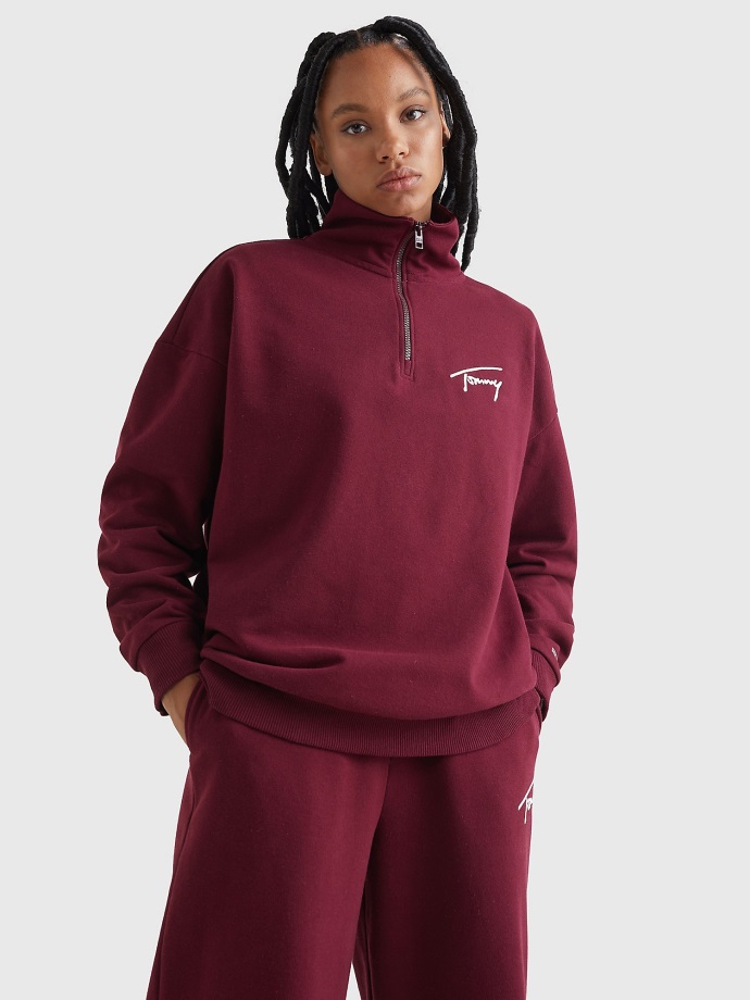 Fialová Podpisová Mikina Na čtvrt Zip Tommy Hilfiger