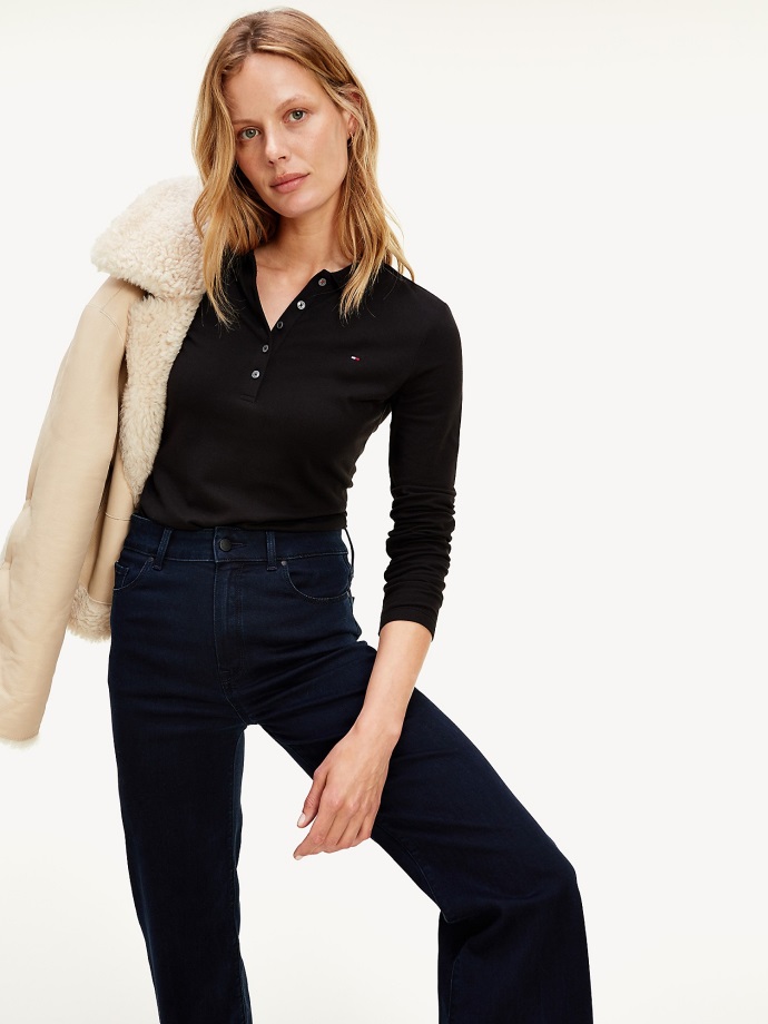 Slim Fit Polo S Dlouhým Rukávem Tommy Hilfiger černé