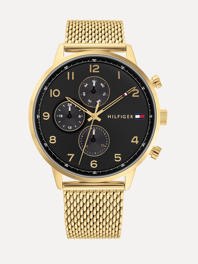 Hodinky Tommy Hilfiger Se Subciferníkem Se Zlatým Síťovaným Náramkem černé Barvy