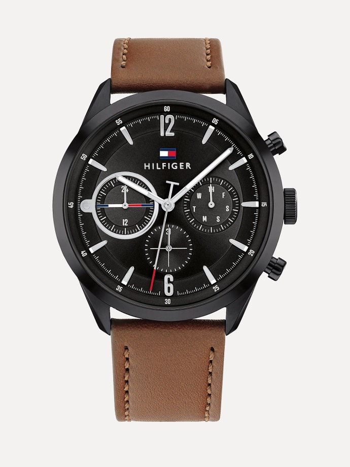 Hnědočerné Hodinky Tommy Hilfiger Se Subciferníky S Hnědým Koženým řemínkem