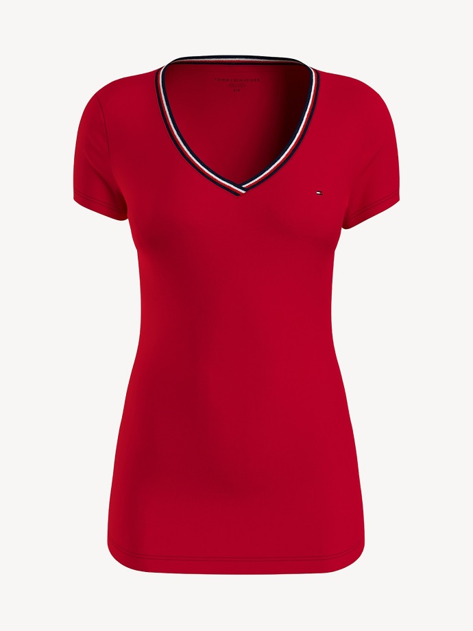 červené Tričko Tommy Hilfiger S Výstřihem Do V