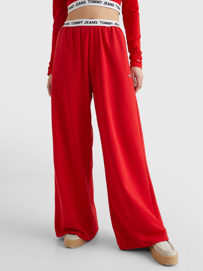 Hluboké Karmínové Tepláky S Logem Tommy Hilfiger Se širokými Nohavicemi